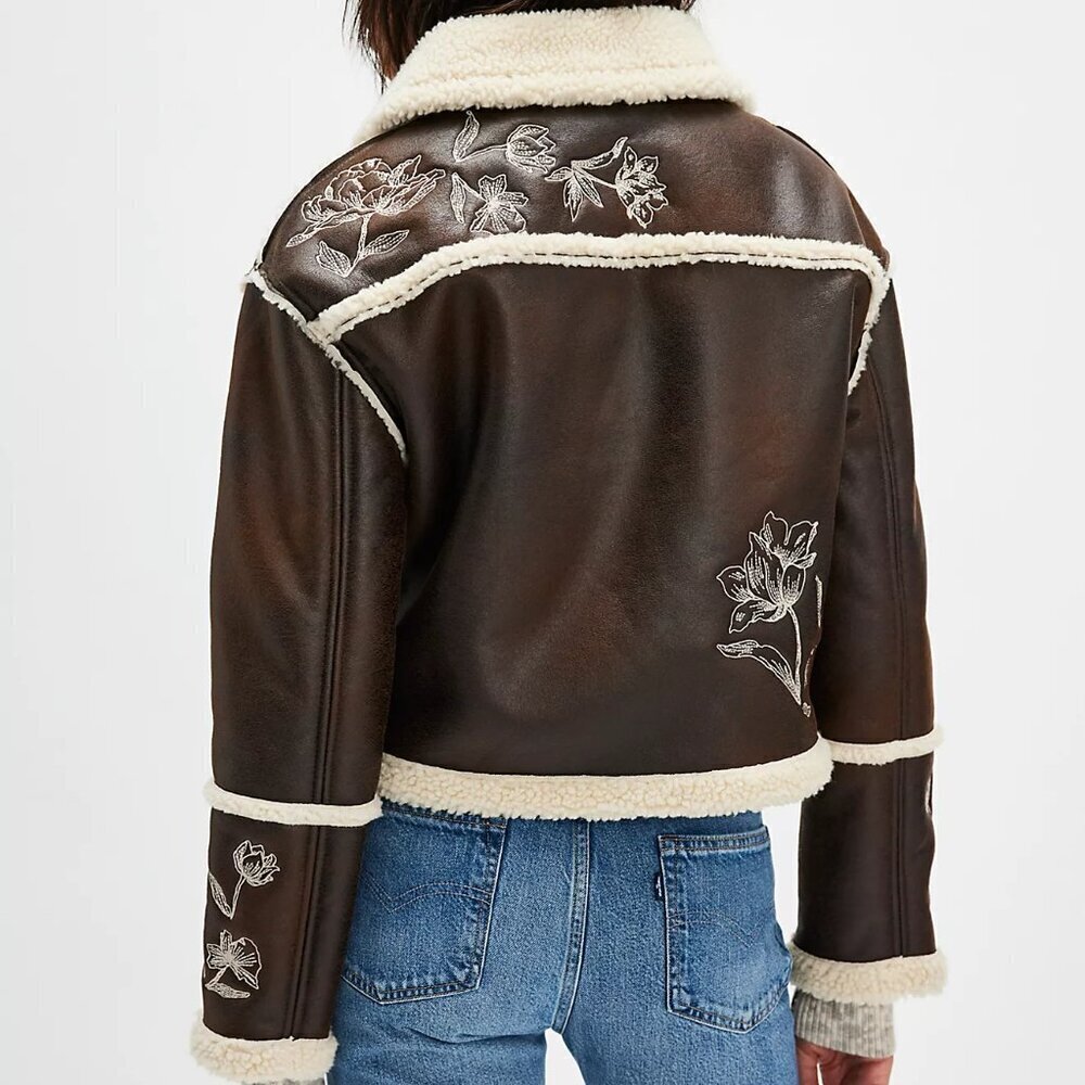 NWT $218 DRIFTWOOD Silas Faux Leather Shearling Floral Embroidery Jacket Boho XS - Picture 2 of 4